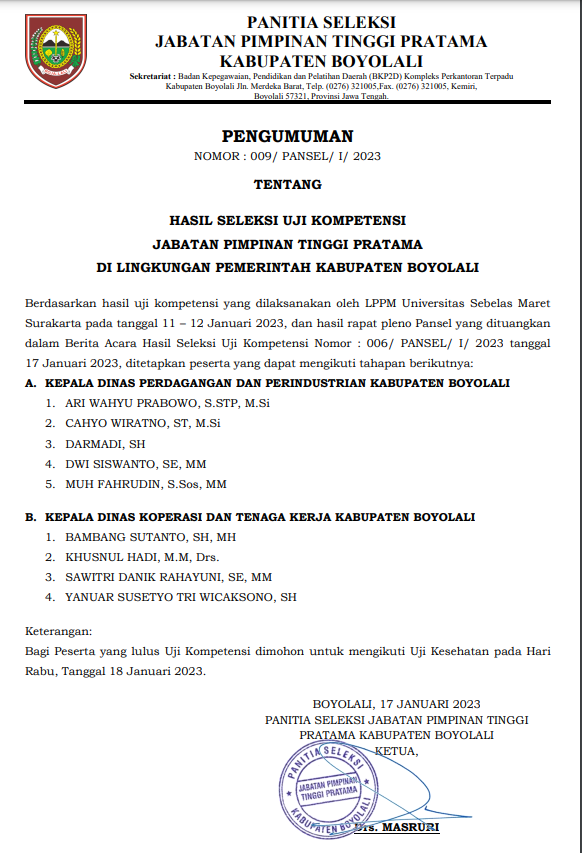 Pengumuman Seleksi Kompetensi JPT Pratama Kabupaten Boyolali Tahun 2023